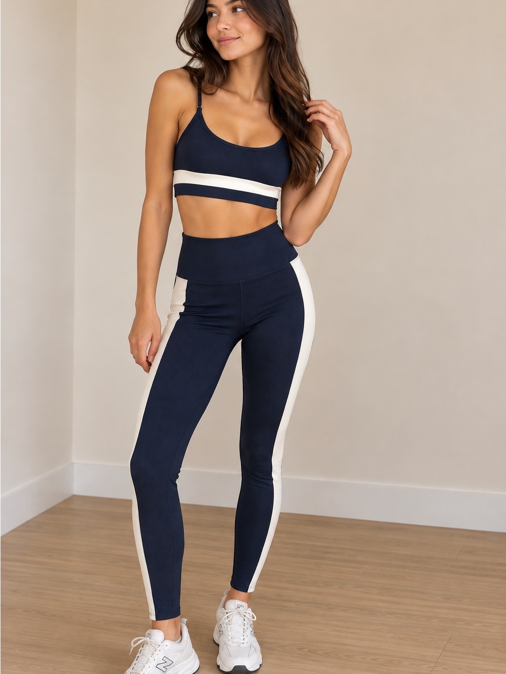 Beach Riot Navy Leggings with Cream Side Stripe